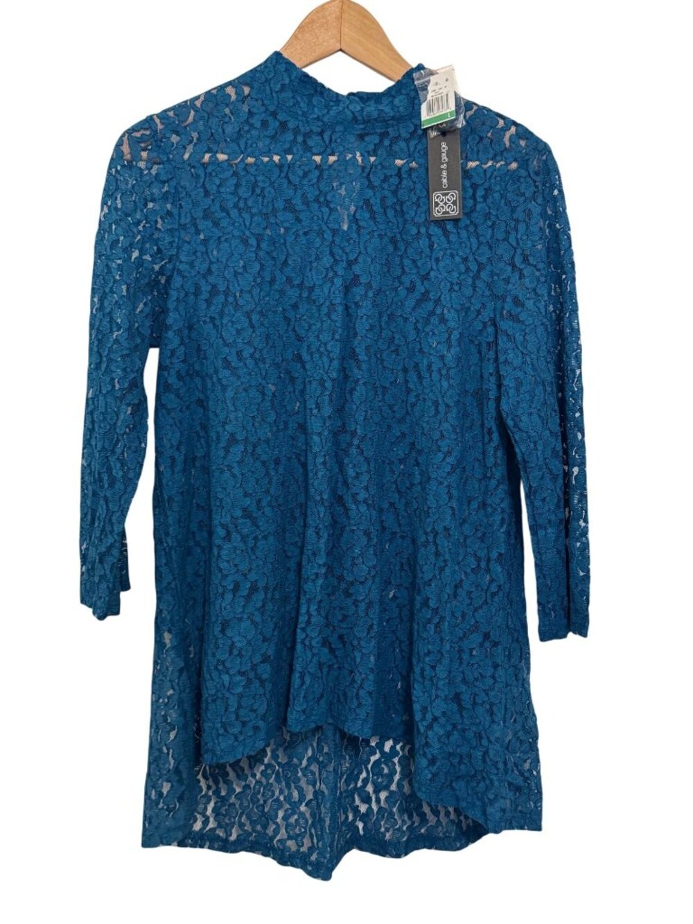 Cable & Gauge Blue Sapphire Lace Knit Tunic Top With 3/4 Sleeves - Size L